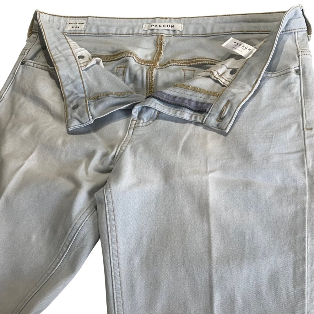 PACSUN Men's Light Indigo Wash Cotton Stretch Stacked Skinny Jeans 32Wx34L - Picture 5 of 6